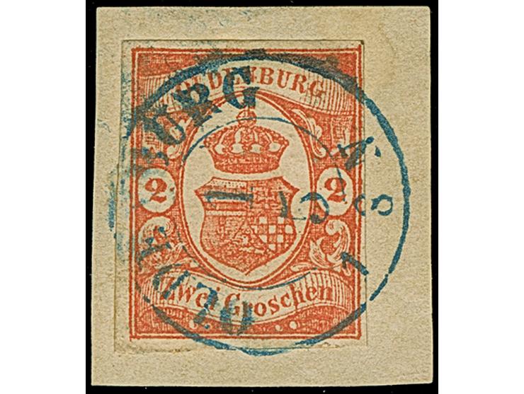 2 Gr. zinnoberrot, farbfrisch und allseits voll- bis breitrandig mit blauem DKr. “OLDENBURG 1.5.” auf Briefstück in tadellose