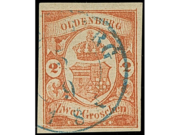 2 Gr. zinnoberrot mit Plattenfehler “Rahmenbruch in der linken unteren Ecke” und blauem DKr. “OLDENBURG 5.9.”. Die farbfrisch