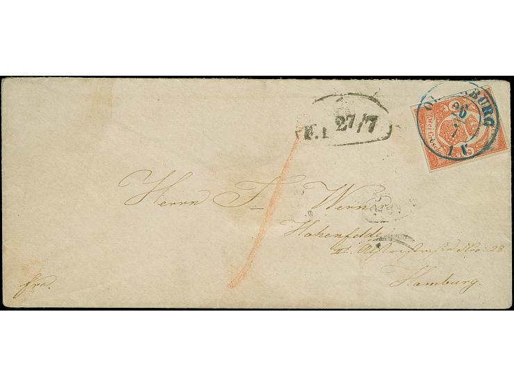 2 Gr. rot mit blauem DKr. “OLDENBURG 26.7.(62)” als tarifgerechte Einzelfrankatur auf kleinformatigem Briefkuvert nach Hambur