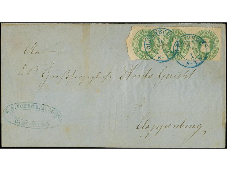 1862, ⅓ Gr. grün mit Durchstich 11¾ im waagerechten Dreierstreifen mit Teilen des Bogenrandes links, mit zwei klaren DKr. “OL