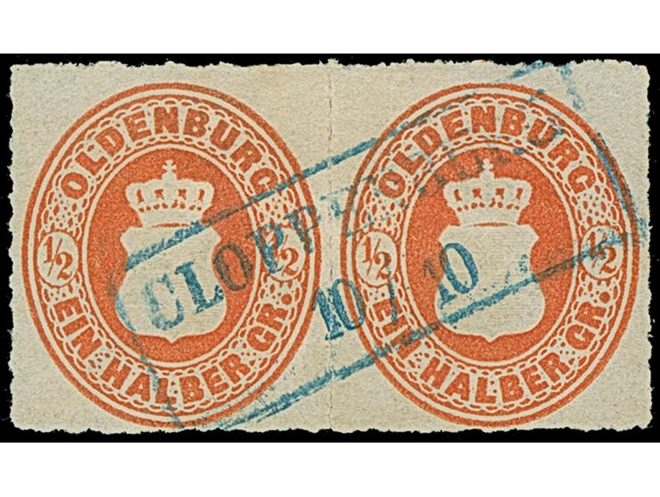½ Gr. dunkelrotorange mit Durchstich 11¾ im waagerechten Paar mit blauem Rahmenstempel “CLOPPENBURG 10.10.”. Das farbfrische 