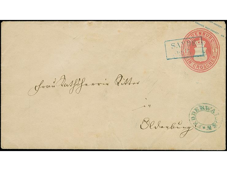 “FEDDERWARDEN” ovaler Postablagestempel klar auf Ganzsachenumschlag 1 Gr. &nbsp;dunkelrosa mit blauem Rahmenstempel “SANDE 23