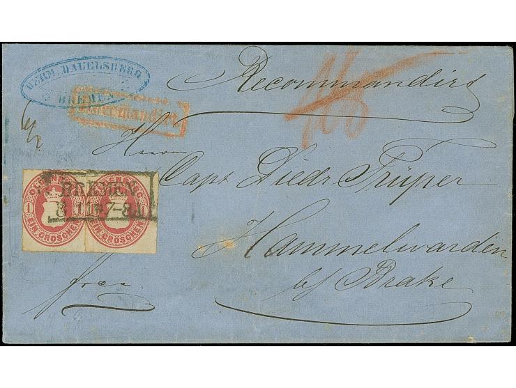 1 Gr. karmin mit Durchstich 10, zwei Einzelmarken mit schwarzem Rahmenstempel “BREMEN 8.11.” als tarifgerechte Mehrfachfranka