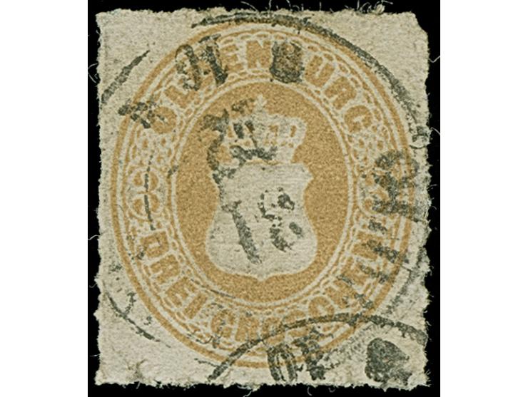 3 Gr. ockerbraun mit Durchstich 10 und schwarzem DKr. “(OLDE(NBURG) 31.12. (67)” vom LETZTTAG. Die farbfrische Marke hat klei