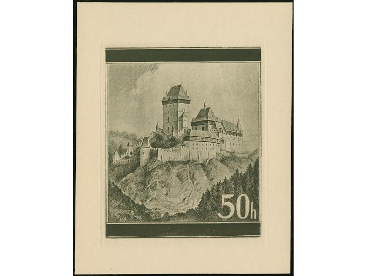 1939, Landschaften Burg Karlstein 50h., Entwurfszeichnung, schwarzer Druck auf Büttenpapier (128x161mm), aus dem Erinnerungsb