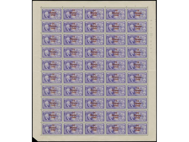 1943, 2 Fr. sowie 25Q. Eilmarke, je im kompletten Bogen mit Plattenfehlern, postfrisch, teils gefaltet, sonst tadellos