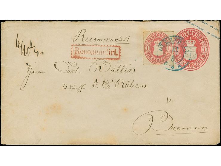 1862/63, Umschlag 1Gr. rosa mit tarifgerechter Zufrankatur Ausgabe 1862 1 Gr. karmin mit Durchstich 11¾ und übergehendem blau