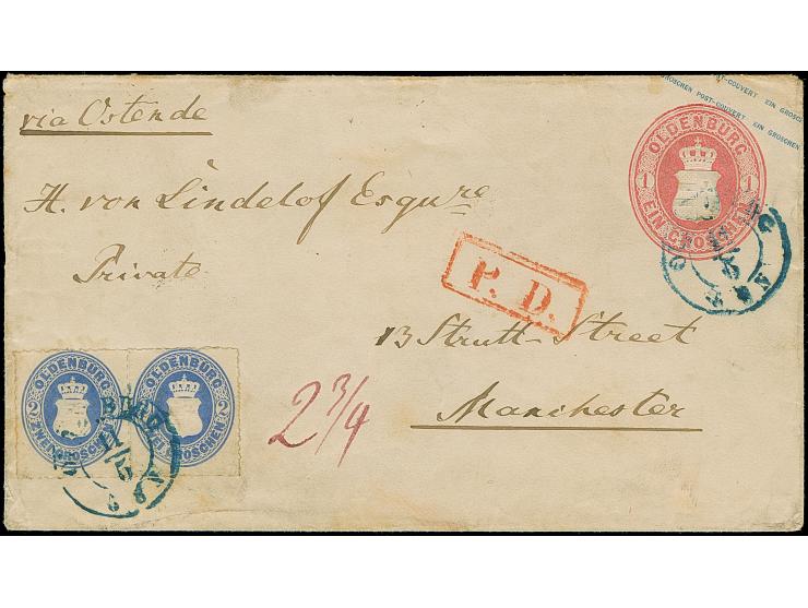 1862/63, Umschlag 1 Gr. rosa mit tarifgerechter Zufrankatur Ausgabe 1862 2 Gr. lebhaftgrauultramarin mit Durchstich 11¾ im wa