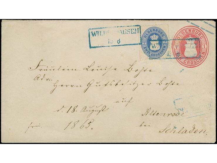 1 Gr. Umschlag 1 Gr. rosa mit tarifgerechter Zufrankatur 2 Gr. lebhaftgrauultramarin mit Durchstich 11¾ und mit blauem, überg