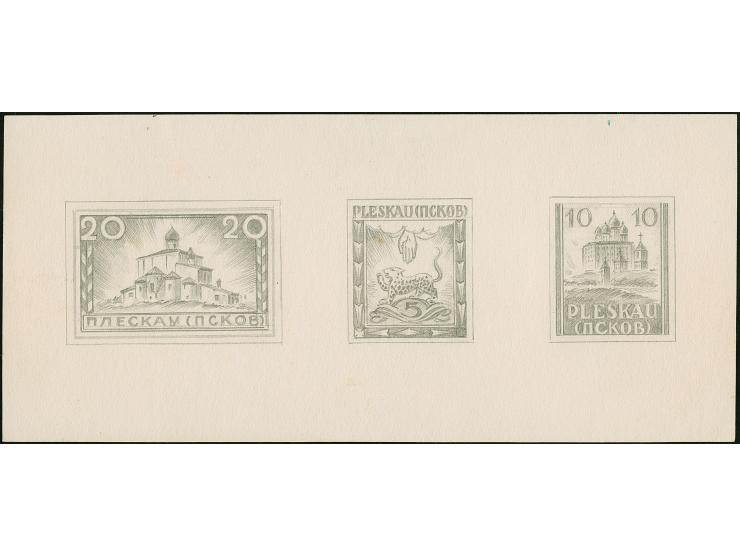 1941, Stadtwappen 5 Pf. sowie Kathedrale 10 Pf. sowie 20 Pf. im Querformat, &nbsp;Bleistiftentwürfe auf weißem Kartonpapier i