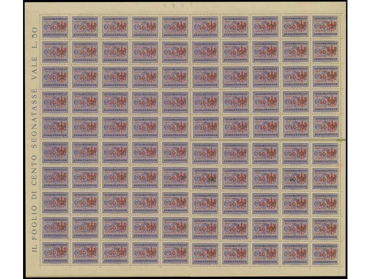 1944, Probedruck 30 auf 50 C. violett mit rotem statt schwarzen Aufdruck, im kompletten 100er-Bogen mit allen Rändern, senkre