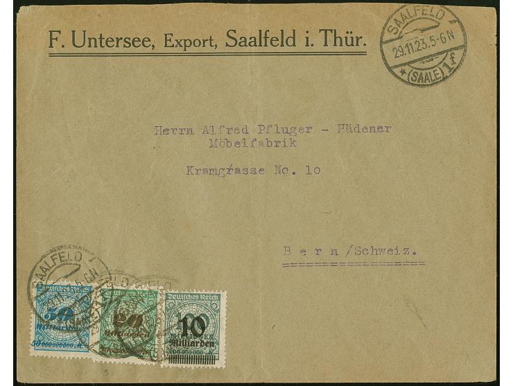 Korbdeckel 50 Mia. M. gezähnt und 20 Mia. M. durchstochen in Mischfrankatur mit Aufdruckausgabe 10 Mia. auf 100 Mio. M. dunke