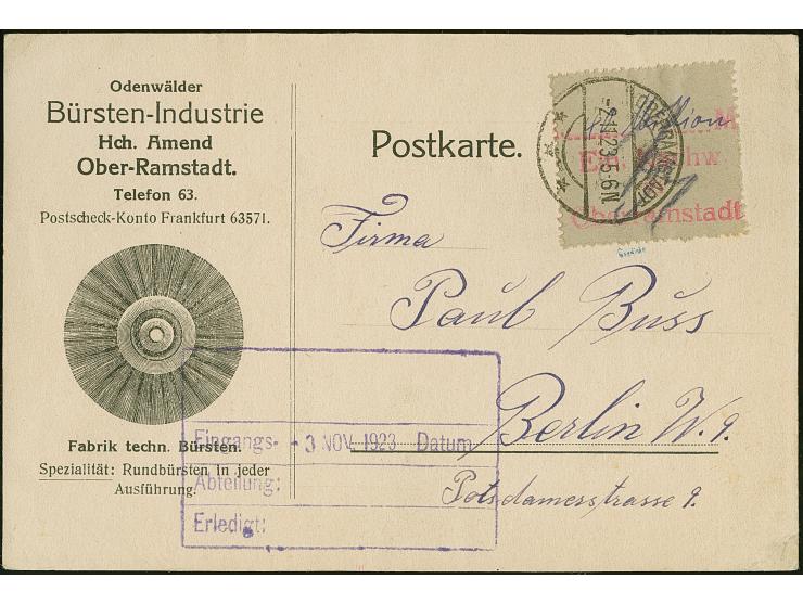 1923, Gebürenzettel mit rotviolettem Ein.-Nachweis-Stempel und handschriftliche Wertangabe “40 Million” mit übergehendem Stem
