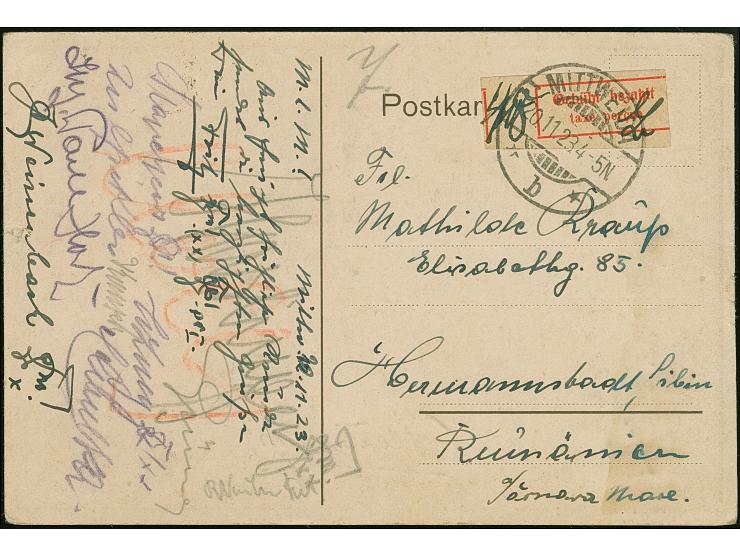 1923, Gebührenzettel total verschnitten mit handschriftlicher Wertangabe “48” (Milliarden Mark) auf Postkarte “100 Semestr-St