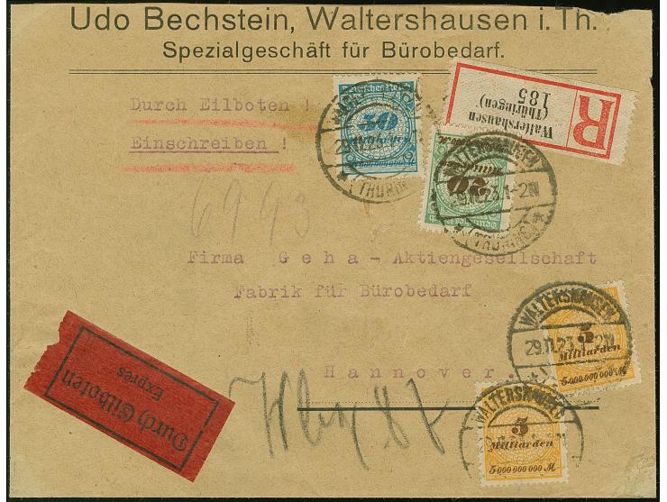 Korbdeckel 50 Mrd. M. gezähnt, 20 Mrd. M. durchstochen und zwei Einzelmarken 5 Mrd. M. gezähnt je mit Stempel “WALTERSHAUSEN 