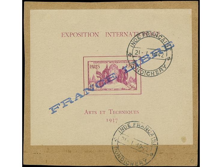1941, Paris Exposition 5 fa. with "France Libre" overprint in blue on Souvenir Sheet tied to small piece by "Inde Francaise, 