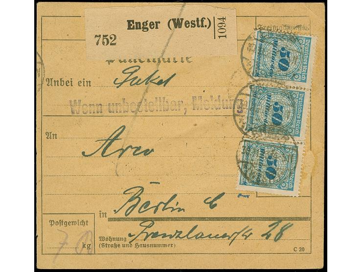 Korbdeckel 50 Mrd. M. im waagerechten Paar und Einzelmarke sowie senkrechter Dreierstreifen 5 Mrd. auf 10 Mio. Mark gezähnt u