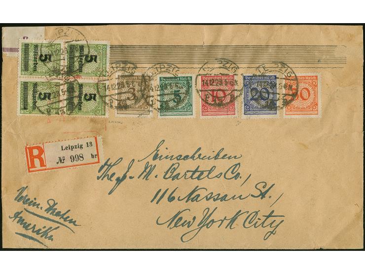 5 Mrd. auf 4 Mio. M. im Viererblock in Mischfrankatur mit Rentenpfennig 3-50 Pfg. jeweils mit Stempel “LEIPZIG 13 14.12.23” a