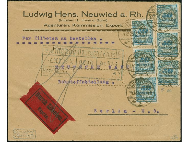Korbdeckel 50 Mrd. M. gezähnt, acht Einzelmarken je mit Stempel “NEUWIED 4.12.23” als tarifgerechte Mehrfachfrankatur vorder-
