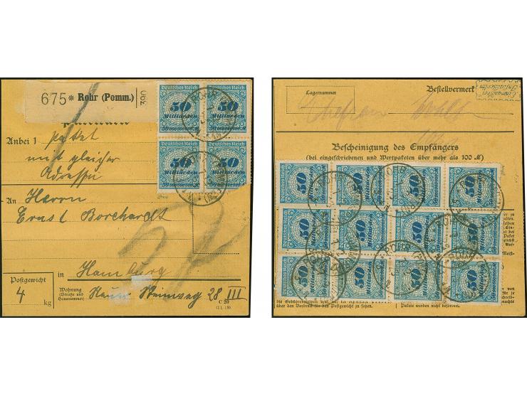 Korbdeckel 50 Mrd. M. gezähnt im angetrennten 8er-Block, Viererblock und senkrechten Viererstreifen jeweils mit Stempel “ROHR