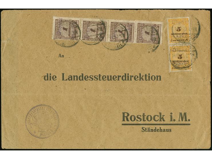 1923, Korbedeckel 5 Mrd. M. gezähnt im senkrechten Paar sowie 1 Mrd. M. gezähnt im senkrechten Dreierstreifen und Einzelwert 