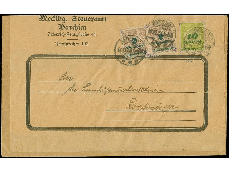 Korbdeckel 10 Mrd. M. und waagerechtes Paar 2 Mrd. M. gezähnt jeweils mit violettem L1 “Dienstmarke” und Stempel “PARCHIM 17.