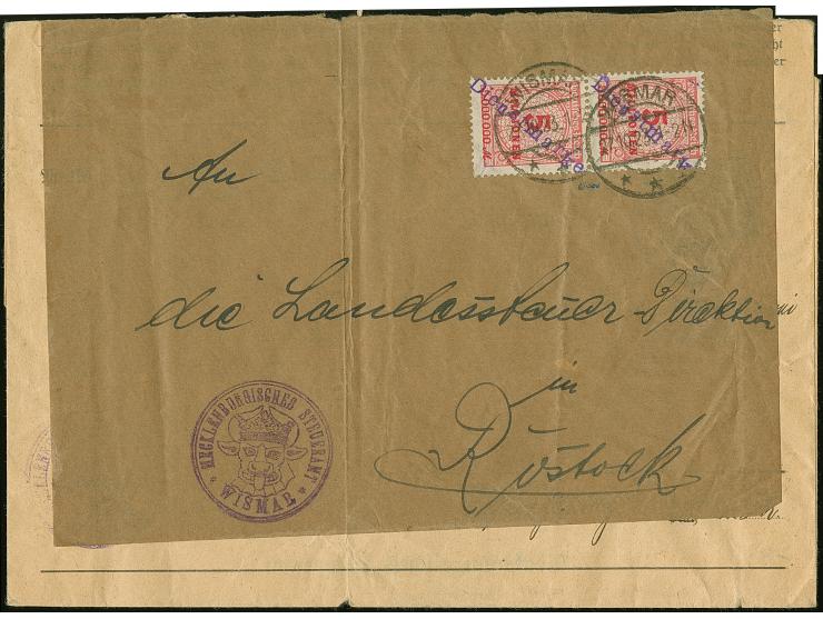 Korbedeckel 5 Mio. M. im senkrechten Paar jeweils mit violettem L1" Dienstmarke" und Stempel “WISMAR 27.10.23” als tarifgerec