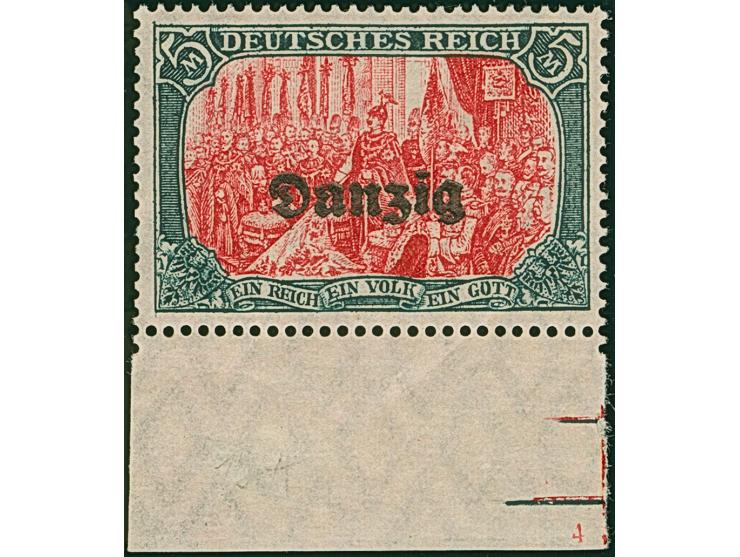 1920, 5 Mark grünschwarz/lebhaftlilarot mit 26:17 Zähnungslöchern, Unterrandstück mit Formnummer “4” sowie Teil des Passerkre