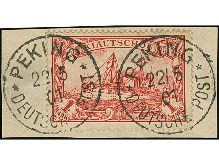 Kiautschou Kaiseryacht 1 M mit zwei klaren Stempeln “PEKING DP 22.5.01” auf Briefstück, in einwandfreier Erhaltung, doppelt s