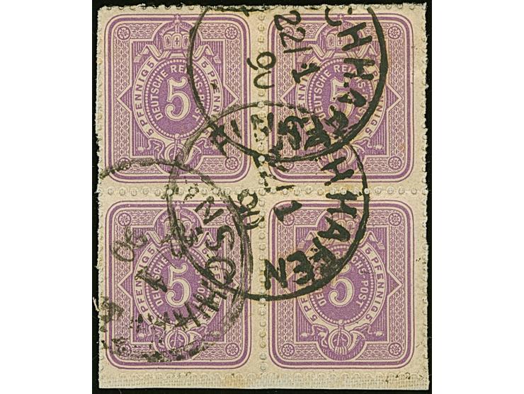 1888, 5 Pfg. violettpurpur im angetrennten Viererblock mit Stempel “FINSCHHAFEN 22.1.90” auf Briefstück. Die farbfrischen Mar
