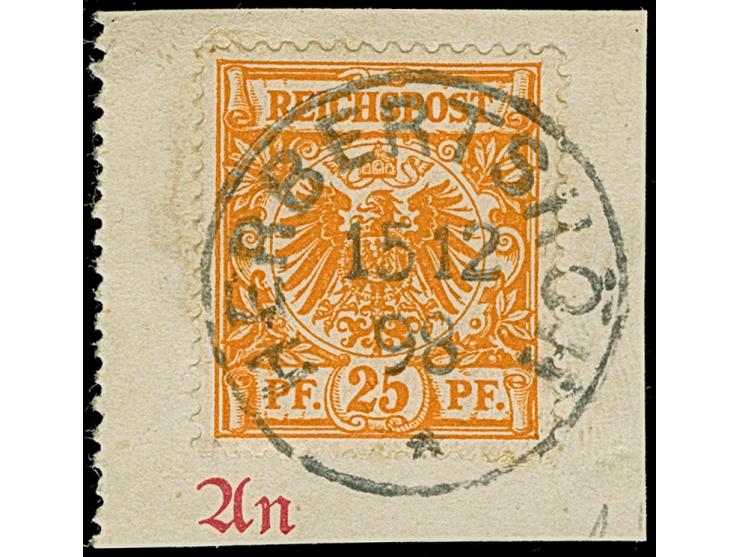 1890, Krone/Adler 25 Pfg. gelblichorange mit sehr klarem Stempel “HERBERTSHÖH * 15.12.98” auf Briefstück, in einwandfreier Er