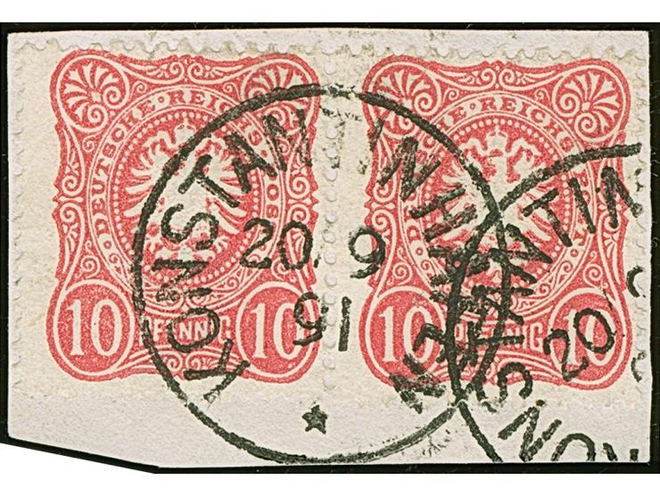 “KONSTANTINHAFEN 20.9.91” sehr klar auf waagerechtem Paar Vorläufer-Ausgabe 1888 10 Pfg. dunkelrosarot auf Briefstück. Die fa