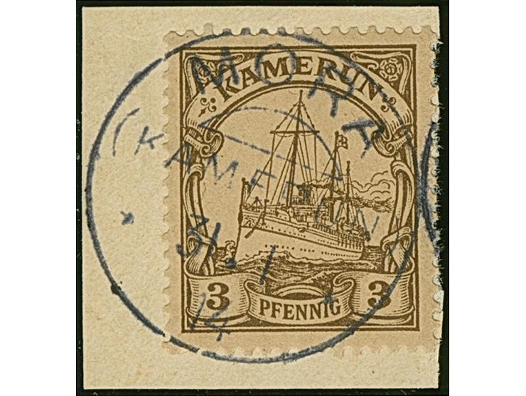 “MORA (KAMERUN) 31.1.14” klar auf Kaiseryacht 3 Pfg. Kaiseryacht auf Briefstück, in einwandfreier Erhaltung, doppelt sign. Ma