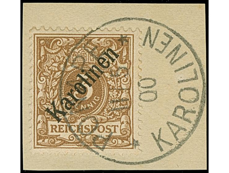 1899/1900, Diagonalaufdruck 3 Pfg. lebhaftorangebraun mit klarem Stempel “PONAPE KARLONIEN 11.5.00” auf Briefstück in tadello