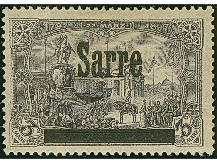 Nicht ausgegeben: 3 Mark schwarzviolettgrau, farbfrisch und gut gezähnt, sauber ungebraucht, tadellos. Lediglich ein Bogen zu