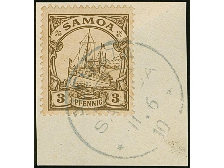 “ALEIPATA SAMOA 11.6.10” üblicher Abschlag auf Kaiseryacht 3 Pfg. auf Briefstück, in einwandfreier Erhaltung, doppelt sign. B