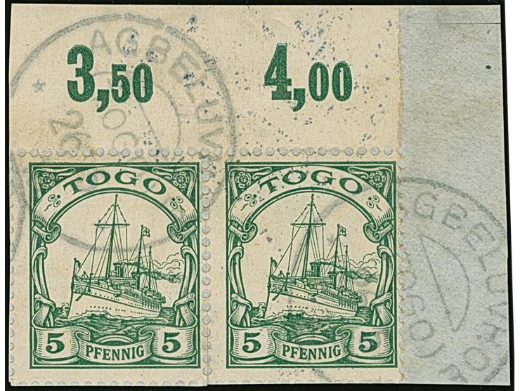 “AGBELUVHOE (TOGO) 26.5…” zweimal recht klar auf waagerechtem Oberrand-Paar Kaiseryacht 5 Pfg. mit Wasserzeichen auf Briefstü