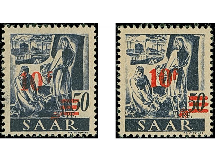 1947, Urdruck 10 C.-50 Fr. komplett, Mi.-Nr. 228-229 sowie 235 je mit in beiden Varianten, 2 F. ein Wert ungebraucht, sonst p