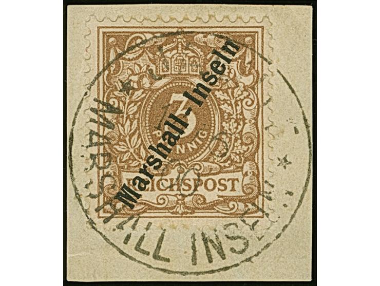1899, 3 Pfg. lebhaftorangebraun mit Stempel “JALUIT MARSHALL-INSELN14.6.00” auf Briefstück, in einwandfreier Erhaltung. Ein s