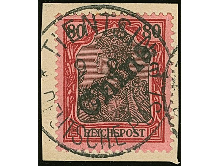 Handstempel 80 Pfg. mit klarem Stempel “TIENTSIN DP *a 9.2.01” auf Briefstück. Die farbfrische Marke ist in tadelloser Erhalt