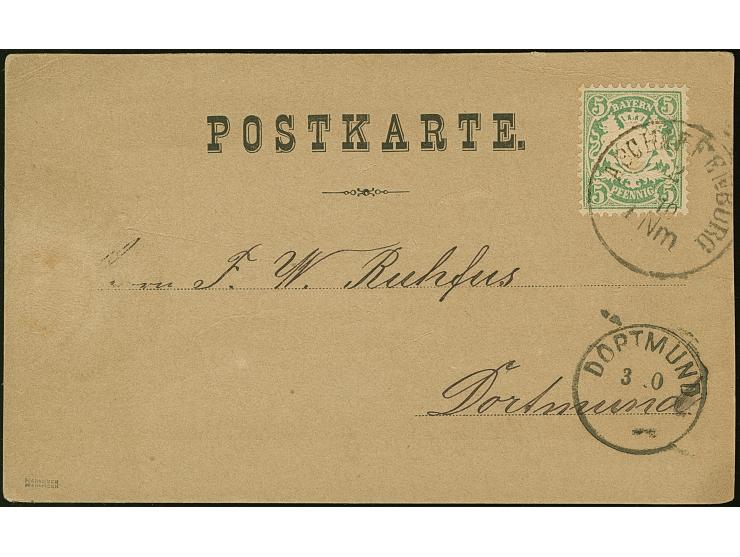 1876/81, 5 Pfg. lebhaftgrün, farbfrisch und allseits sehr gut gezähnt mit klarem EKr. “ASCHAFFENBURG2.10.(76)” als tarifgerec