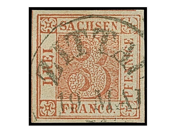 3 Pfg. braunrot, Platte III, Type 13, farbfrisch und allseits breitrandig, links vollständige und dreiseitig teilweise sichtb