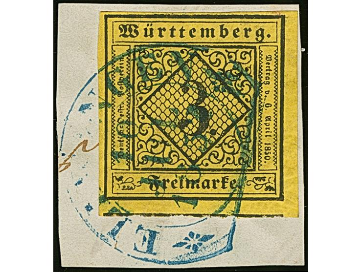 1851, 3 Kr. auf bräunlichgelb, Type III, farbfrisch und allseits voll- bis sehr breitrandig mit blauem Steigbügelstempel “HEL