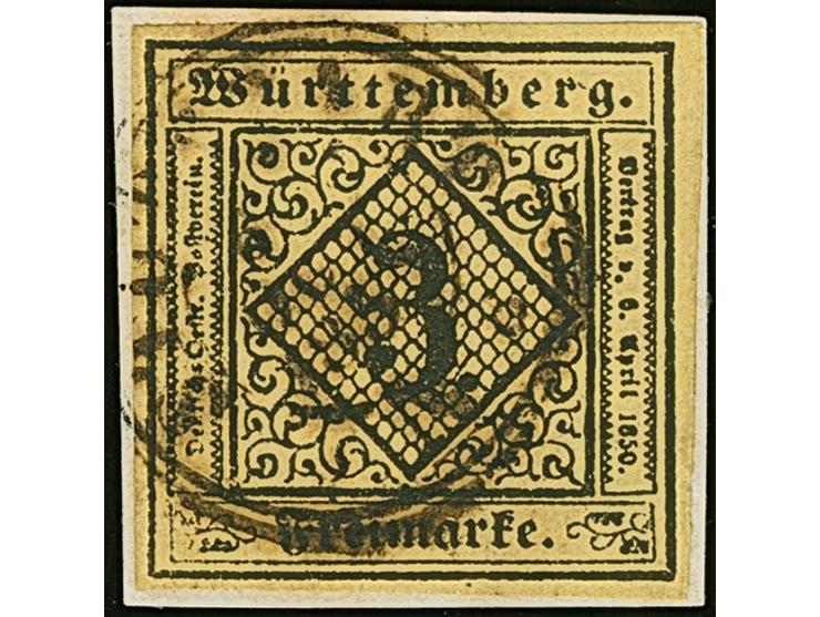 1851, 3 Kr. auf hellschwefelgelb, Type V, allseits voll- bis breitrandig mit schwarzem DKr. “STUTTGART 6.OCT.1857” auf Briefs