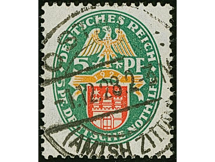 1928, Nothilfe 5 Pfg. mit stehendem Wasserzeichen (2X), sauber gestempelt und normal gezähnt, in einwandfreier Erhaltung. Ein