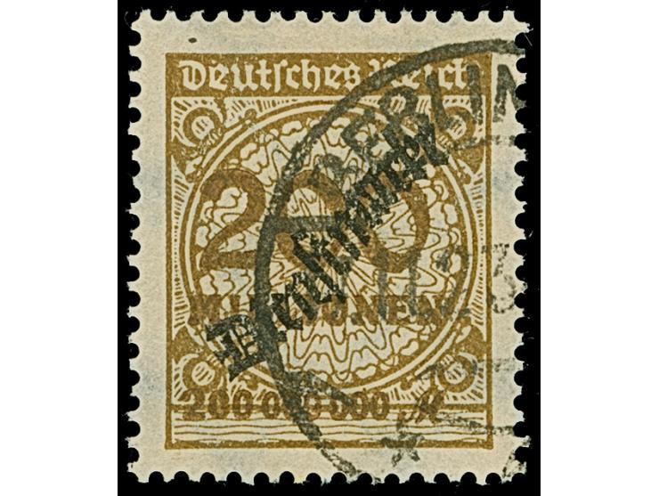 Schlangenaufdruck 200 Mio. M. (dunkel)olivbraun mit Stempel “BERLIN 17.11.23”. Die farbfrische Marke ist sehr gut gezähnt und