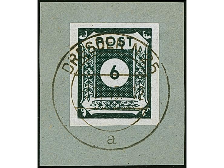 6 Pfg. grünlichschwarz in fast schwarzer Nuance (fetter Druck) mit Stempel “DRESDEN N25 3.11.45” auf Briefstück in tadelloser
