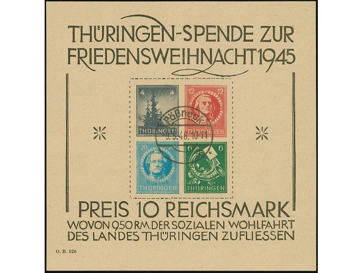 Weihnachts-Block auf gelblichgrauem Papier, sauber mit Stempel “Pößneck 9.5.46” entwertet, in tadelloser Erhaltung. Ein sehr 