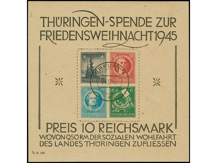 Weihnachts-Block auf graugefasertem Papier mit Stempel “ERFURT 1z 24.12.45”. Die Blockmaße sind in der Norm, in tadelloser Er