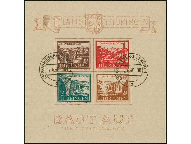 Brückenbau-Block mit 12 Pfg. rot, Blocktyype III mit Stempel “SONNEBERG 17.6.46”, Blockmaße in der Norm, in einwandfreier Erh